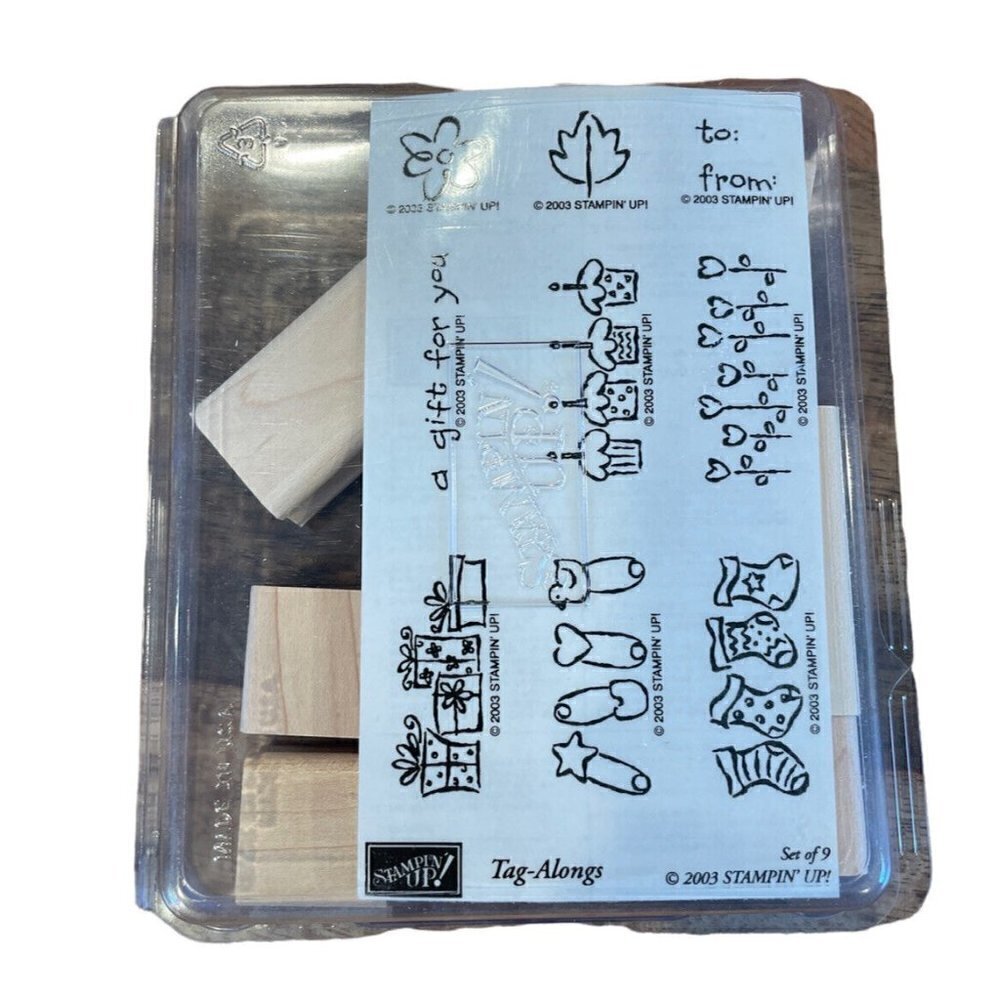Stampin' Up! TAG-ALONGS Set of 9 Wood Unmounted Rubber Stamps 2003 gifts baby